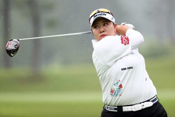 Miki Sakai of Japan hits her tee shot on the 13th hole during the final round of the Shiseido Ladies Open at Totsuka Country Club on July 4, 2021 in...