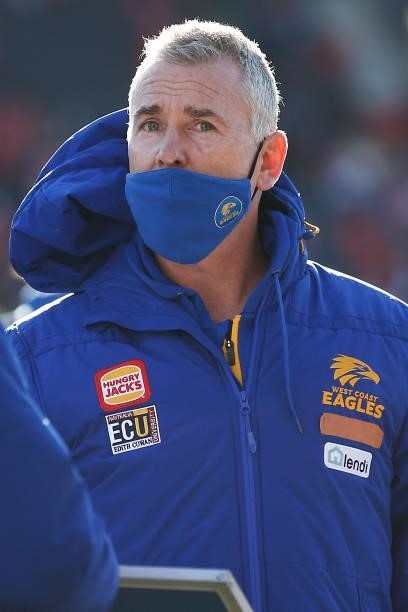 Eagles head coach Adam Simpson looks on during the round 16 AFL match between Sydney Swans and West Coast Eagles at GMHBA Stadium on July 04, 2021 in...