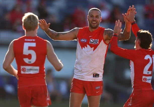 Lance Franklin of the Swans celebrates after scoring a goal during the round 16 AFL match between Sydney Swans and West Coast Eagles at GMHBA Stadium...