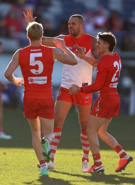 Lance Franklin of the Swans celebrates after scoring a goal during the round 16 AFL match between Sydney Swans and West Coast Eagles at GMHBA Stadium...