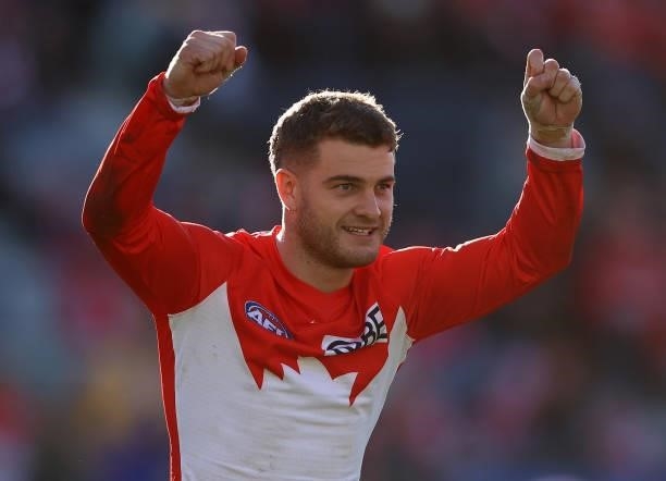 Tom Papley of the Swans celebrates after scoring a goal during the round 16 AFL match between Sydney Swans and West Coast Eagles at GMHBA Stadium on...