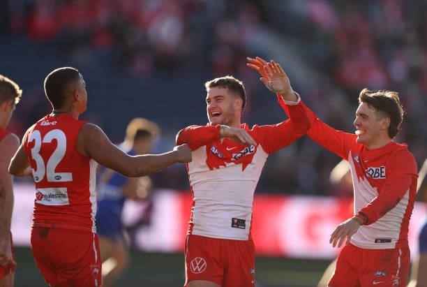 Tom Papley of the Swans celebrates after scoring a goal during the round 16 AFL match between Sydney Swans and West Coast Eagles at GMHBA Stadium on...
