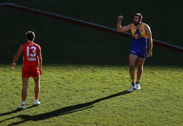 Josh J.Kennedy of the Eagles celebrates after scoring a goal during the round 16 AFL match between Sydney Swans and West Coast Eagles at GMHBA...