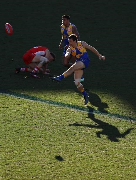Liam Duggan of the Eagles kicks the ball during the round 16 AFL match between Sydney Swans and West Coast Eagles at GMHBA Stadium on July 04, 2021...