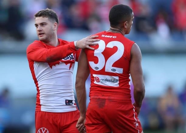 Tom Papley and James Bell of the Swans celebrate after the Swans defeated the Eagles during the round 16 AFL match between Sydney Swans and West...