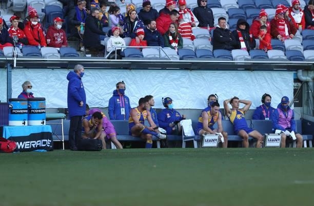 The Eagles bench is seen during the round 16 AFL match between Sydney Swans and West Coast Eagles at GMHBA Stadium on July 04, 2021 in Geelong,...