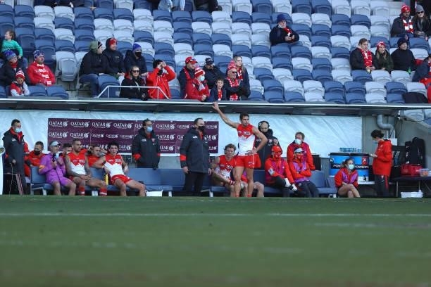 The Swans bench is seen during the round 16 AFL match between Sydney Swans and West Coast Eagles at GMHBA Stadium on July 04, 2021 in Geelong,...