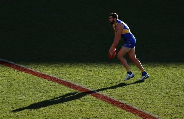 Josh J.Kennedy of the Eagles lines up a shot on goal during the round 16 AFL match between Sydney Swans and West Coast Eagles at GMHBA Stadium on...