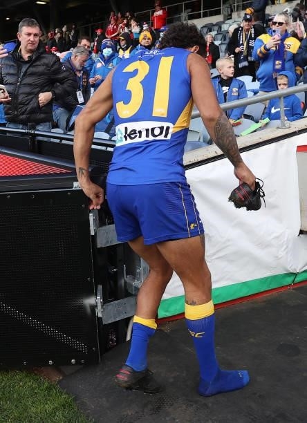 Jamaine Jones of the Eagles comes off the ground after the match during the round 16 AFL match between Sydney Swans and West Coast Eagles at GMHBA...