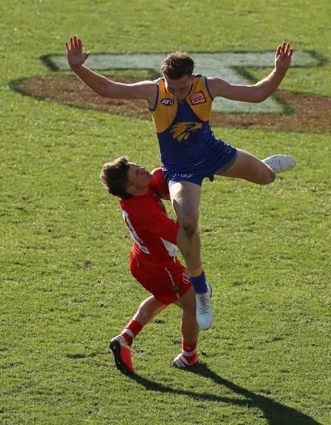 Errol Gulden of the Swans is run into by Alex Witherden of the Eagles during the round 16 AFL match between Sydney Swans and West Coast Eagles at...