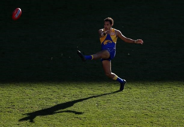 Jamaine Jones of the Eagles kicks the ball during the round 16 AFL match between Sydney Swans and West Coast Eagles at GMHBA Stadium on July 04, 2021...
