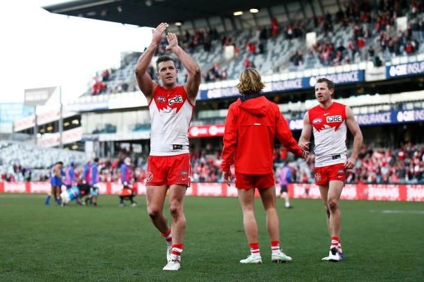 Luke Parker of the Swans thanks fans after the round 16 AFL match between Sydney Swans and West Coast Eagles at GMHBA Stadium on July 04, 2021 in...