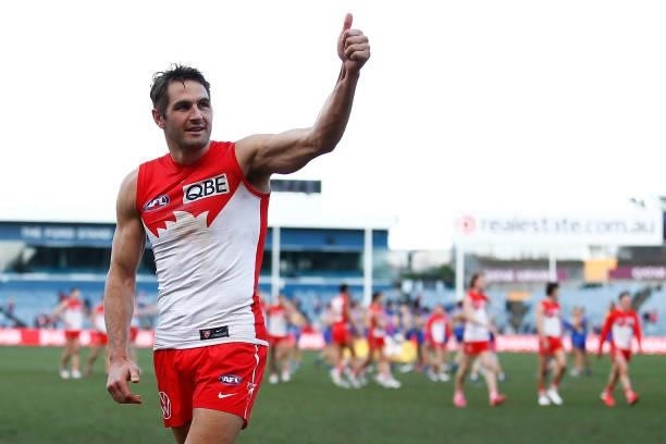 Josh P. Kennedy of the Swans thanks fans after the round 16 AFL match between Sydney Swans and West Coast Eagles at GMHBA Stadium on July 04, 2021 in...