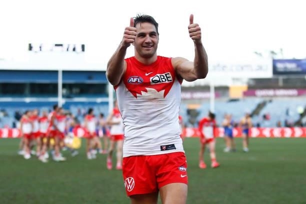 Josh P. Kennedy of the Swans thanks fans after the round 16 AFL match between Sydney Swans and West Coast Eagles at GMHBA Stadium on July 04, 2021 in...