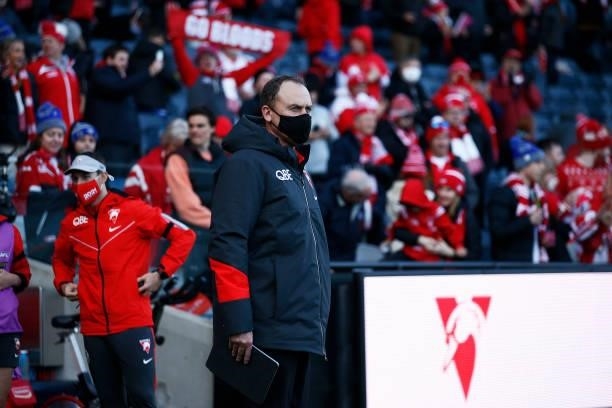 Swans head coach John Longmire looks on after winning the round 16 AFL match between Sydney Swans and West Coast Eagles at GMHBA Stadium on July 04,...