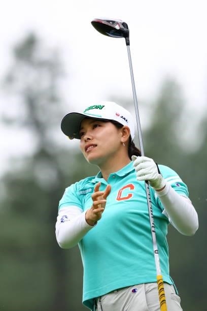 Minami Katsu of Japan hits her tee shot on the 13th hole during the final round of the Shiseido Ladies Open at Totsuka Country Club on July 4, 2021...