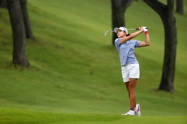 Erika Hara of Japan hits her second shot on the 18th hole during the final round of the Shiseido Ladies Open at Totsuka Country Club on July 4, 2021...