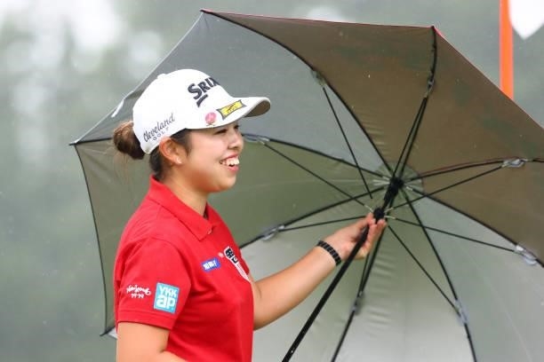Miyuu Yamashita of Japan smiles after holing out on the 18th green during the final round of the Shiseido Ladies Open at Totsuka Country Club on July...
