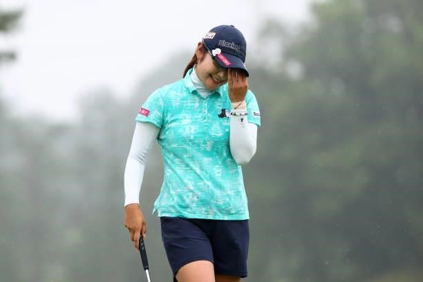 Saiki Fujita of Japan reacts after holing out on the 18th green during the final round of the Shiseido Ladies Open at Totsuka Country Club on July 4,...