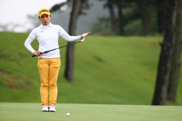 Chie Arimura of Japan lines up a putt on the 18th green during the final round of the Shiseido Ladies Open at Totsuka Country Club on July 4, 2021 in...