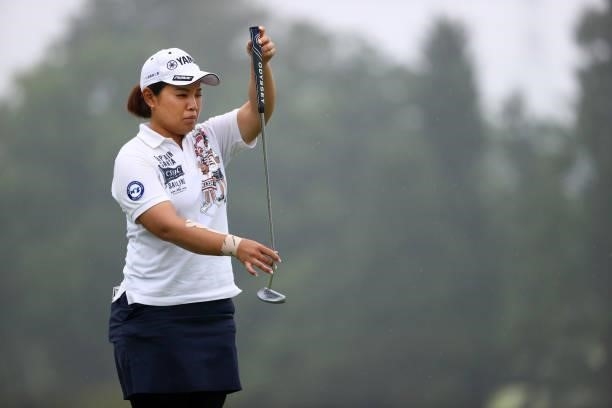 Ayaka Morioka of Japan lines up a putt on the 18th green during the final round of the Shiseido Ladies Open at Totsuka Country Club on July 4, 2021...