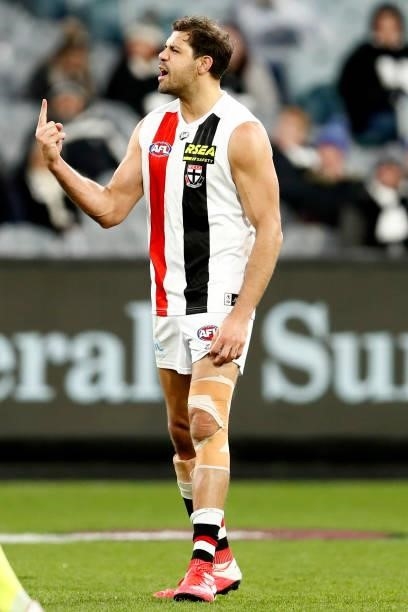Paddy Ryder of the Saints celebrates a goal during the round 16 AFL match between Collingwood Magpies and St Kilda Saints at Melbourne Cricket Ground...