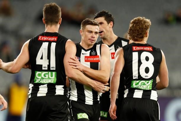 Josh Thomas of the Magpies celebrates a goal during the round 16 AFL match between Collingwood Magpies and St Kilda Saints at Melbourne Cricket...