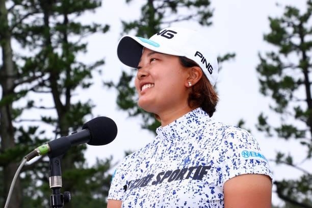 Ai Suzuki of Japan is interviewed after winning the tournament following the final round of the Shiseido Ladies Open at Totsuka Country Club on July...