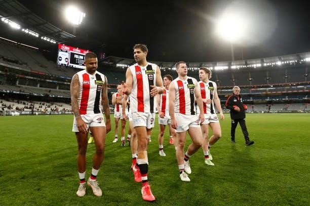 St Kilda player walk off the ground after the round 16 AFL match between Collingwood Magpies and St Kilda Saints at Melbourne Cricket Ground on July...