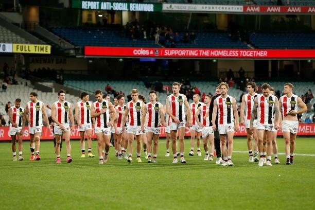 St Kilda player walk off the ground after the round 16 AFL match between Collingwood Magpies and St Kilda Saints at Melbourne Cricket Ground on July...