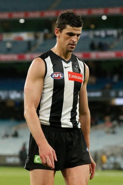Scott Pendlebury of the Magpies walks of the ground after the round 16 AFL match between Collingwood Magpies and St Kilda Saints at Melbourne Cricket...
