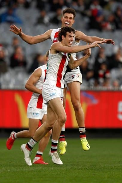 Max King of the Saints celebrates a goal during the round 16 AFL match between Collingwood Magpies and St Kilda Saints at Melbourne Cricket Ground on...