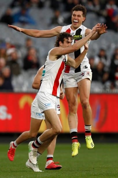 Max King of the Saints celebrates a goal during the round 16 AFL match between Collingwood Magpies and St Kilda Saints at Melbourne Cricket Ground on...