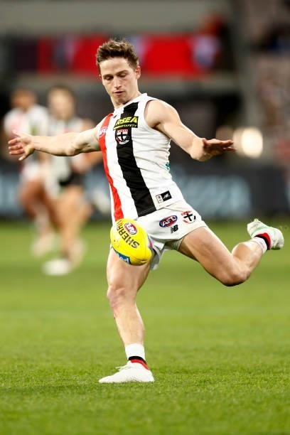 Jack Billings of the Saints kicks the ball during the round 16 AFL match between Collingwood Magpies and St Kilda Saints at Melbourne Cricket Ground...