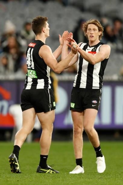 Brody Mihocek of the Magpies celebrates a goal during the round 16 AFL match between Collingwood Magpies and St Kilda Saints at Melbourne Cricket...
