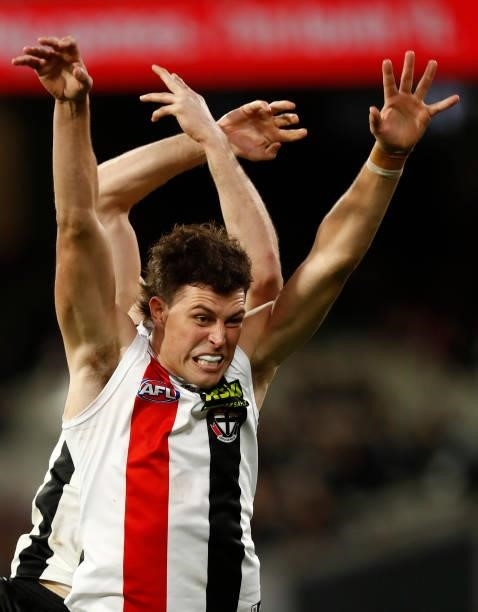 Darcy Cameron of the Magpies spoils Rowan Marshall of the Saints during the round 16 AFL match between Collingwood Magpies and St Kilda Saints at...