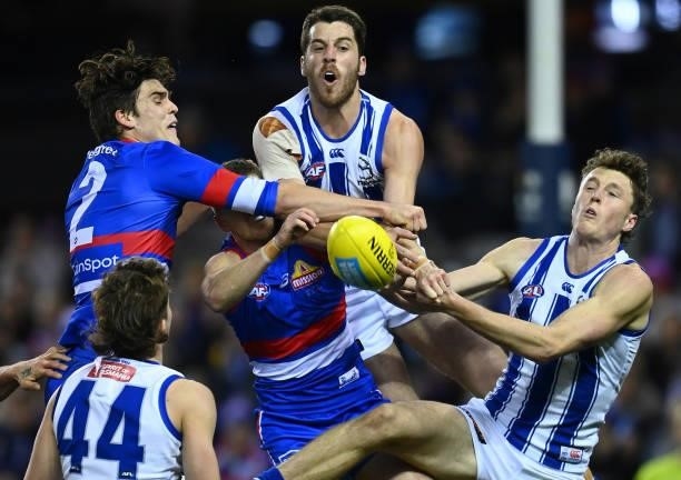 Tristan Xerri of the Kangaroos attempts to mark during the round 16 AFL match between Western Bulldogs and North Melbourne Kangaroos at Marvel...