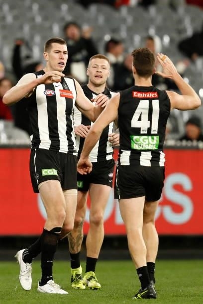 Mason Cox of the Magpies celebrates a goal during the round 16 AFL match between Collingwood Magpies and St Kilda Saints at Melbourne Cricket Ground...