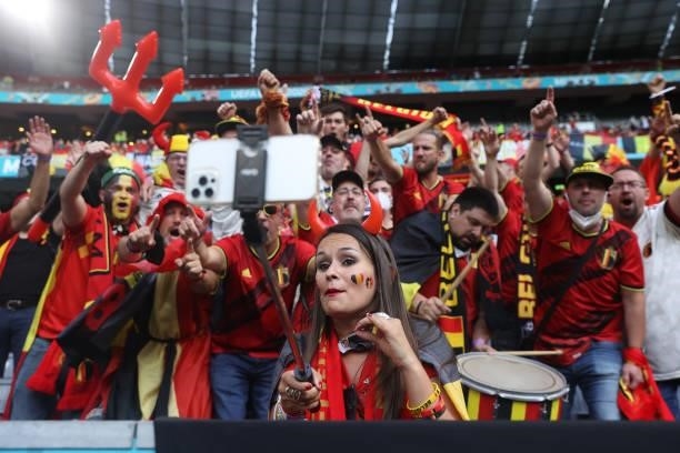 Fans of Belgium during the UEFA Euro 2020 Championship Quarter-final match between Belgium and Italy at Football Arena Munich on July 02, 2021 in...