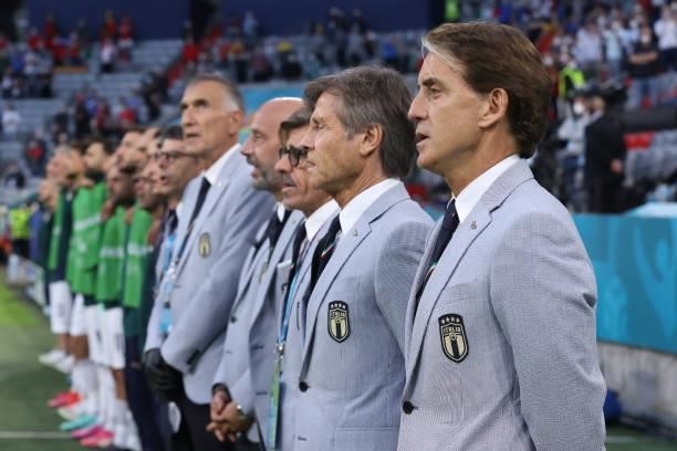 Roberto Mancini, Head Coach of Italy sings their national anthem prior the UEFA Euro 2020 Championship Quarter-final match between Belgium and Italy...