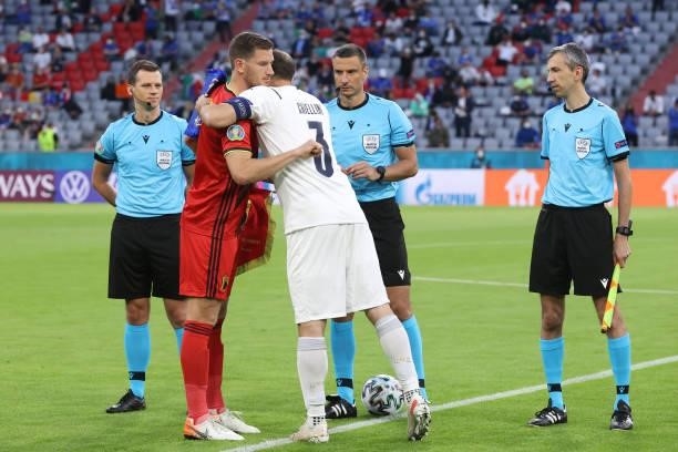 Team captains Jan Verthongen of Belgium and Giorgio Chiellini of Italy hug prior to the UEFA Euro 2020 Championship Quarter-final match between...