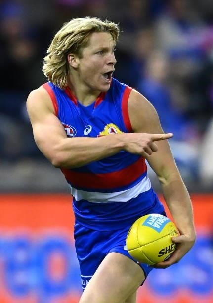 Cody Weightman of the Bulldogs directs traffic during the round 16 AFL match between Western Bulldogs and North Melbourne Kangaroos at Marvel Stadium...
