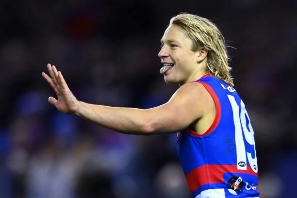 Cody Weightman of the Bulldogs celebrates kicking a goal during the round 16 AFL match between Western Bulldogs and North Melbourne Kangaroos at...