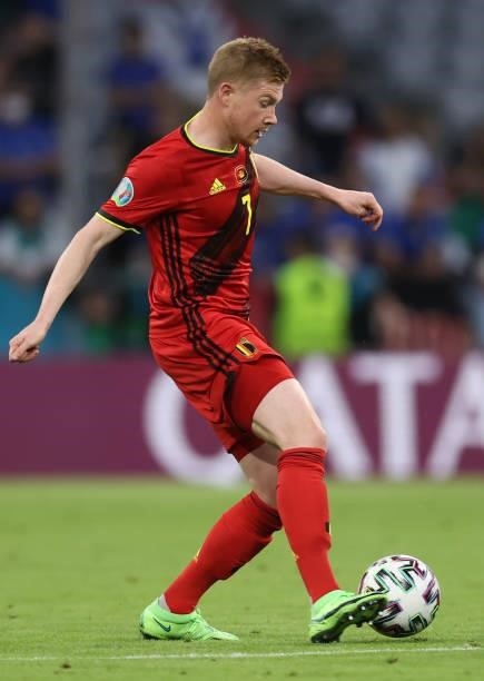 Kevin de Bruyne of Belgium controls the ball during the UEFA Euro 2020 Championship Quarter-final match between Belgium and Italy at Football Arena...