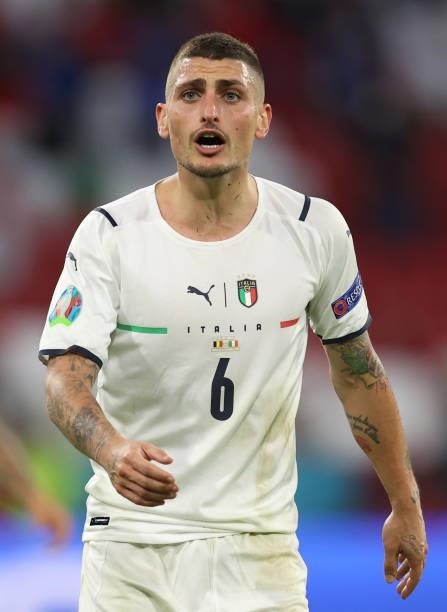 Marco Verratti of Italy reacts during the UEFA Euro 2020 Championship Quarter-final match between Belgium and Italy at Football Arena Munich on July...
