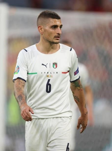 Marco Verratti of Italy reacts during the UEFA Euro 2020 Championship Quarter-final match between Belgium and Italy at Football Arena Munich on July...