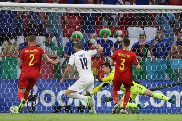Leonardo Bonucci of Italy scories a goal which is later disallowed for offside during the UEFA Euro 2020 Championship Quarter-final match between...