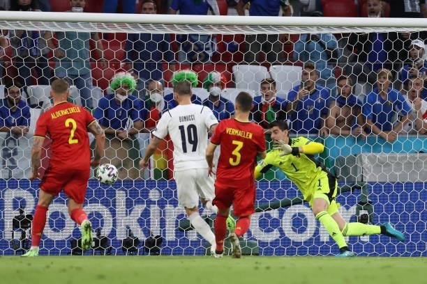 Leonardo Bonucci of Italy scories a goal which is later disallowed for offside during the UEFA Euro 2020 Championship Quarter-final match between...