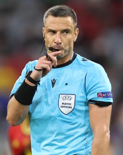 Referee Slavko Vincic reacts during the UEFA Euro 2020 Championship Quarter-final match between Belgium and Italy at Football Arena Munich on July...