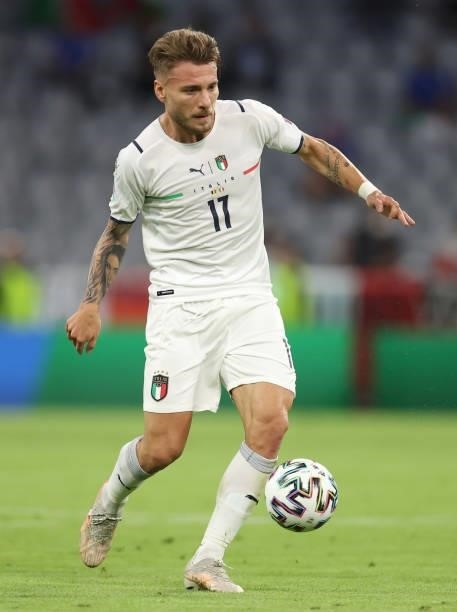 Ciro Immobile of Italy controls the ball during the UEFA Euro 2020 Championship Quarter-final match between Belgium and Italy at Football Arena...